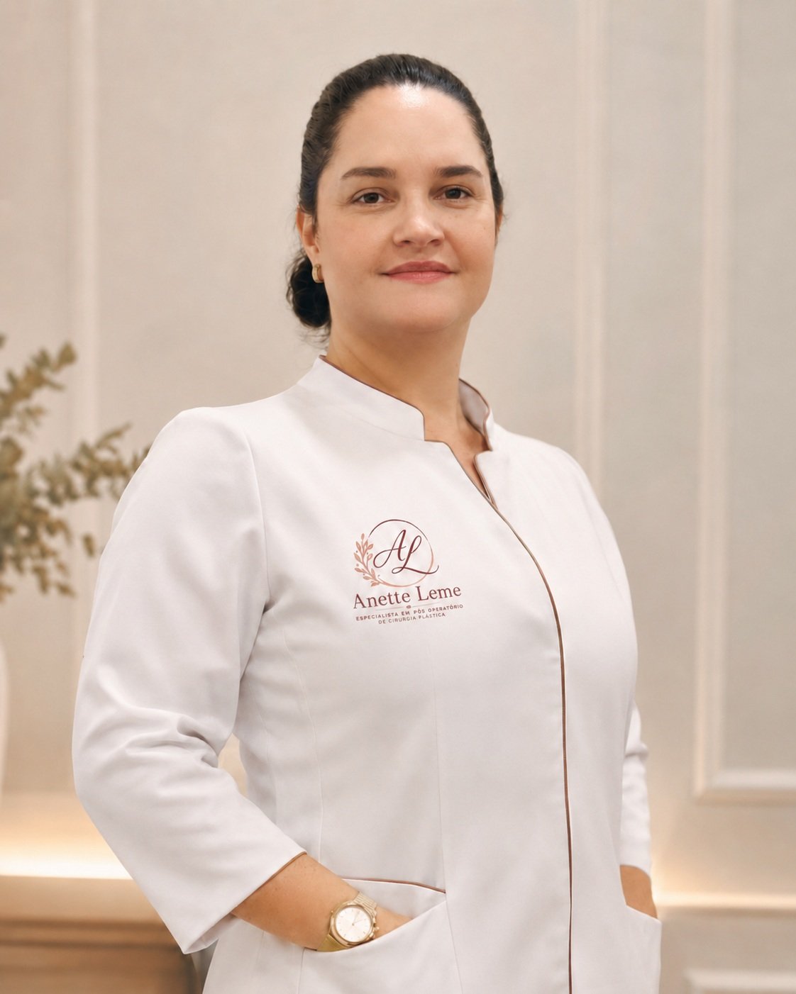 Anette Leme em seu espaço de atendimento, usando jaleco branco com a marca bordada