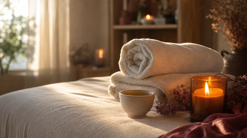 Toalhas, chá e vela em um ambiente para massagem relaxante